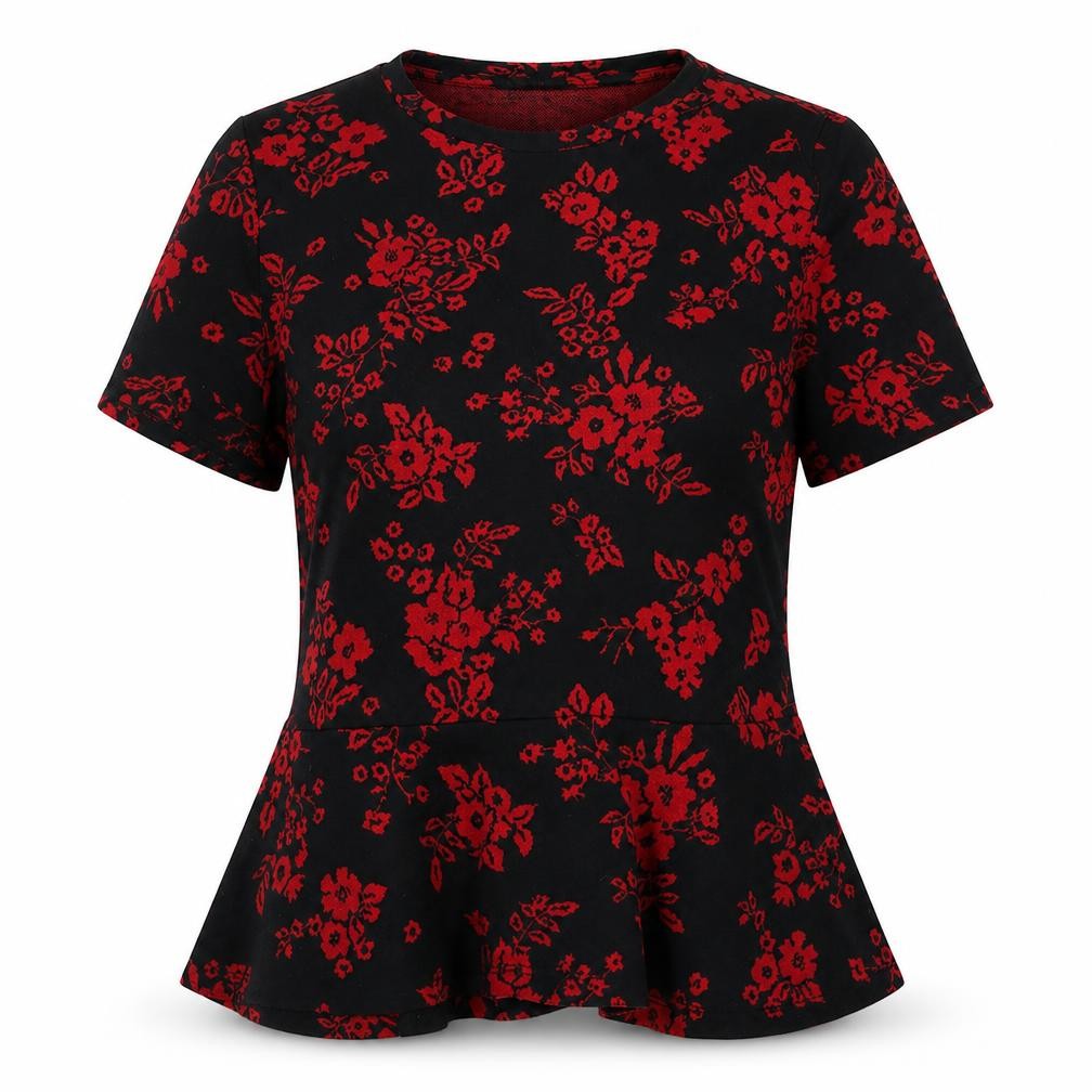 Zara Womens Red Floral Cotton Tunic T-Shirt Size M Crew Neck