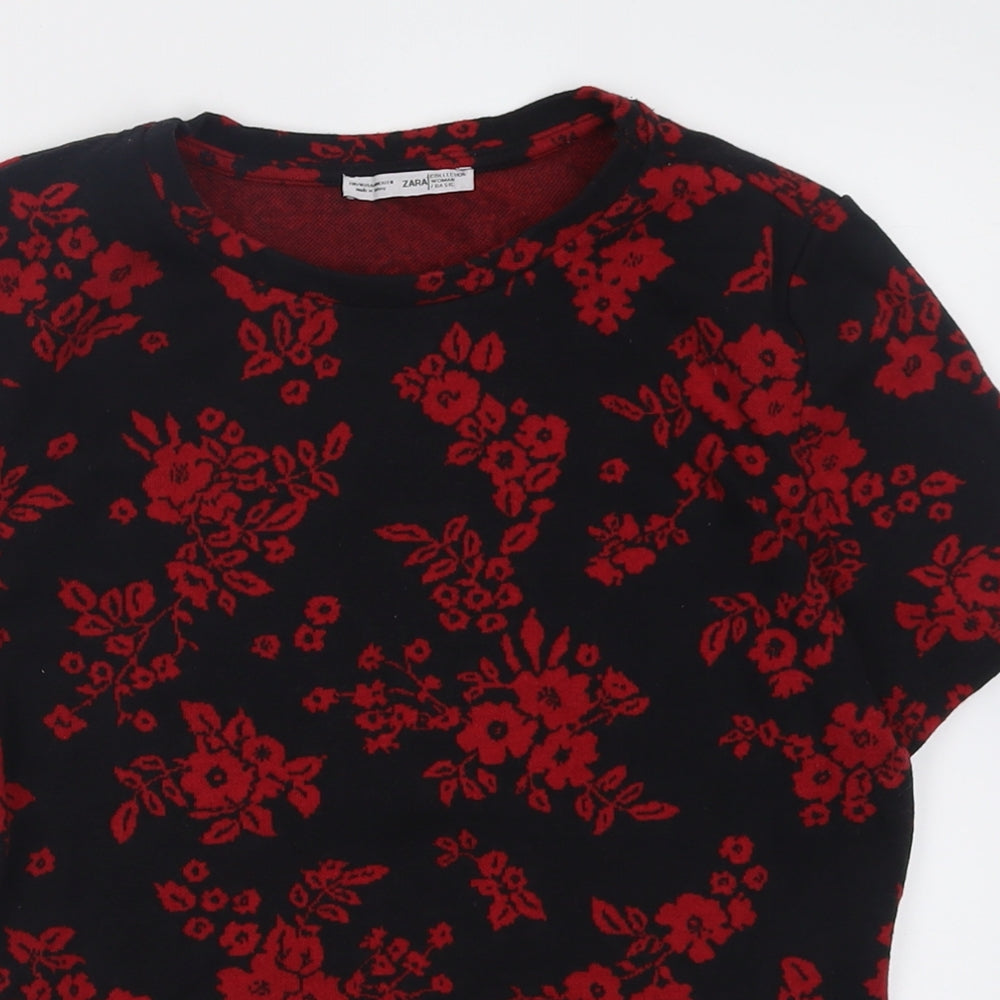 Zara Womens Red Floral Cotton Tunic T-Shirt Size M Crew Neck