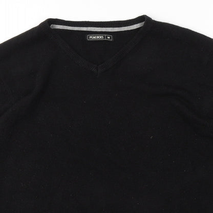 Preloved Peacocks Mens Black V-Neck  Acrylic Pullover Jumper Size M - Detail