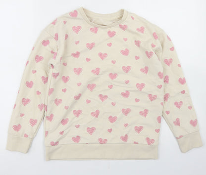Dunnes Girls Beige Geometric Cotton Pullover Sweatshirt Size 10-11 Years   - Heart Print
