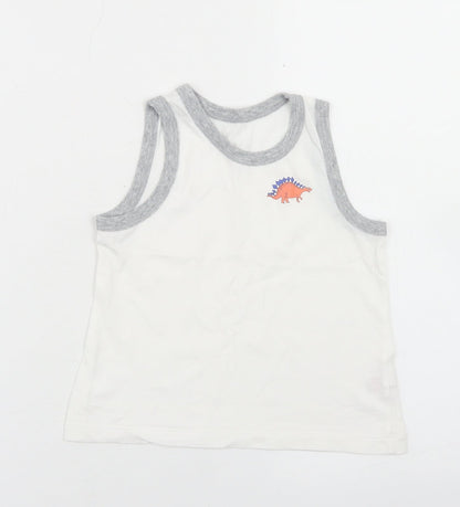 Tu Boys White  Cotton Basic Tank Size 3-4 Years Crew Neck  - Dinosaurs