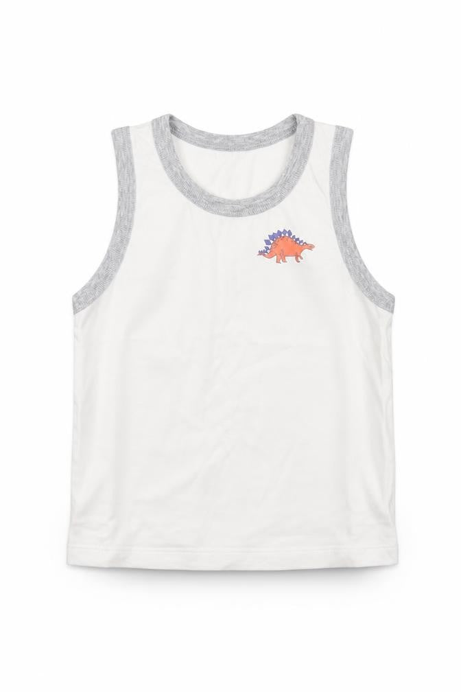 TU Boys White  Cotton Basic Tank Size 3-4 Years Crew Neck  - Dinosaurs