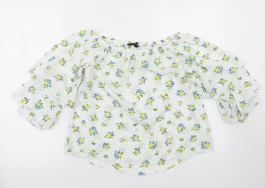 Peacocks Womens White Floral Polyester Cropped Blouse Size 8 Off the Shoulder