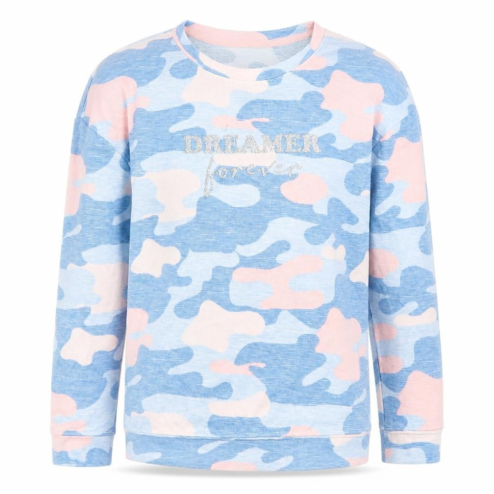 Dunnes Stores Girls Blue Camouflage Polyester Basic T-Shirt Size 9-10 Years Crew Neck  - Dreamer Forever