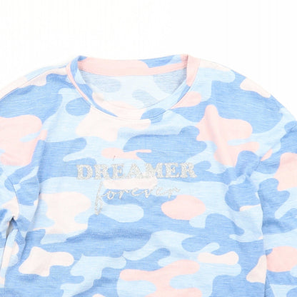 Dunnes Girls Blue Camouflage Polyester Basic T-Shirt Size 9-10 Years Crew Neck  - Dreamer Forever