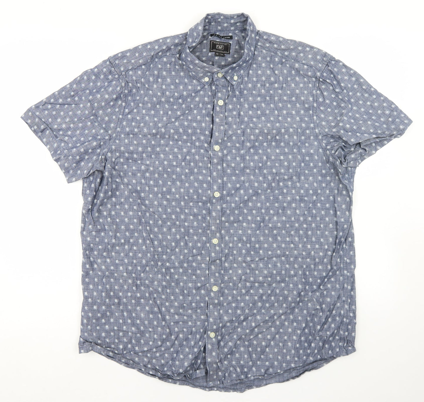F&F Mens Blue Geometric Cotton  Button-Up Size XL Collared Button