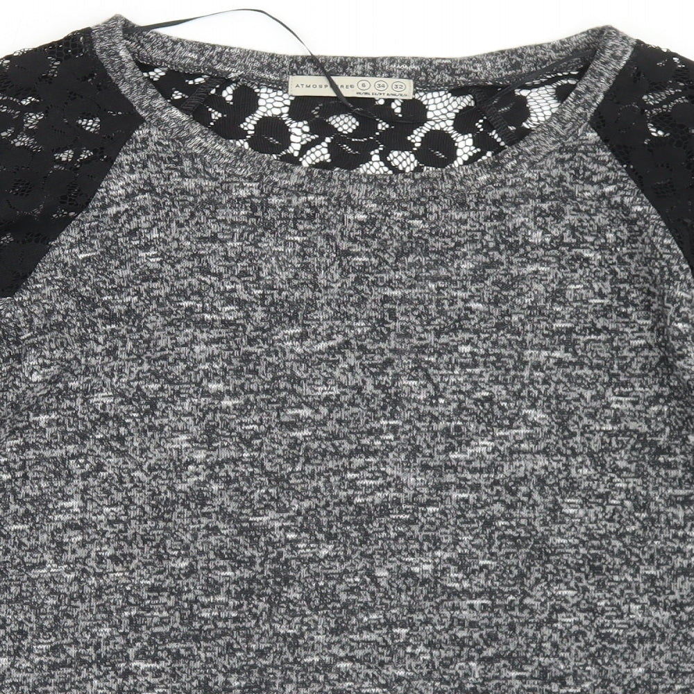 Atmosphere Womens Grey  Polyester Basic T-Shirt Size 6 Round Neck - Lace Sleeve Detail