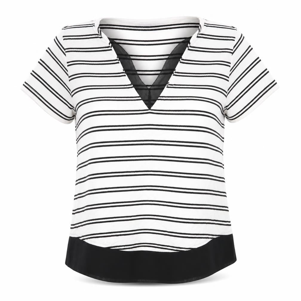 Marks & Spencer Womens White Striped Viscose Jersey T-Shirt Size 6 V-Neck