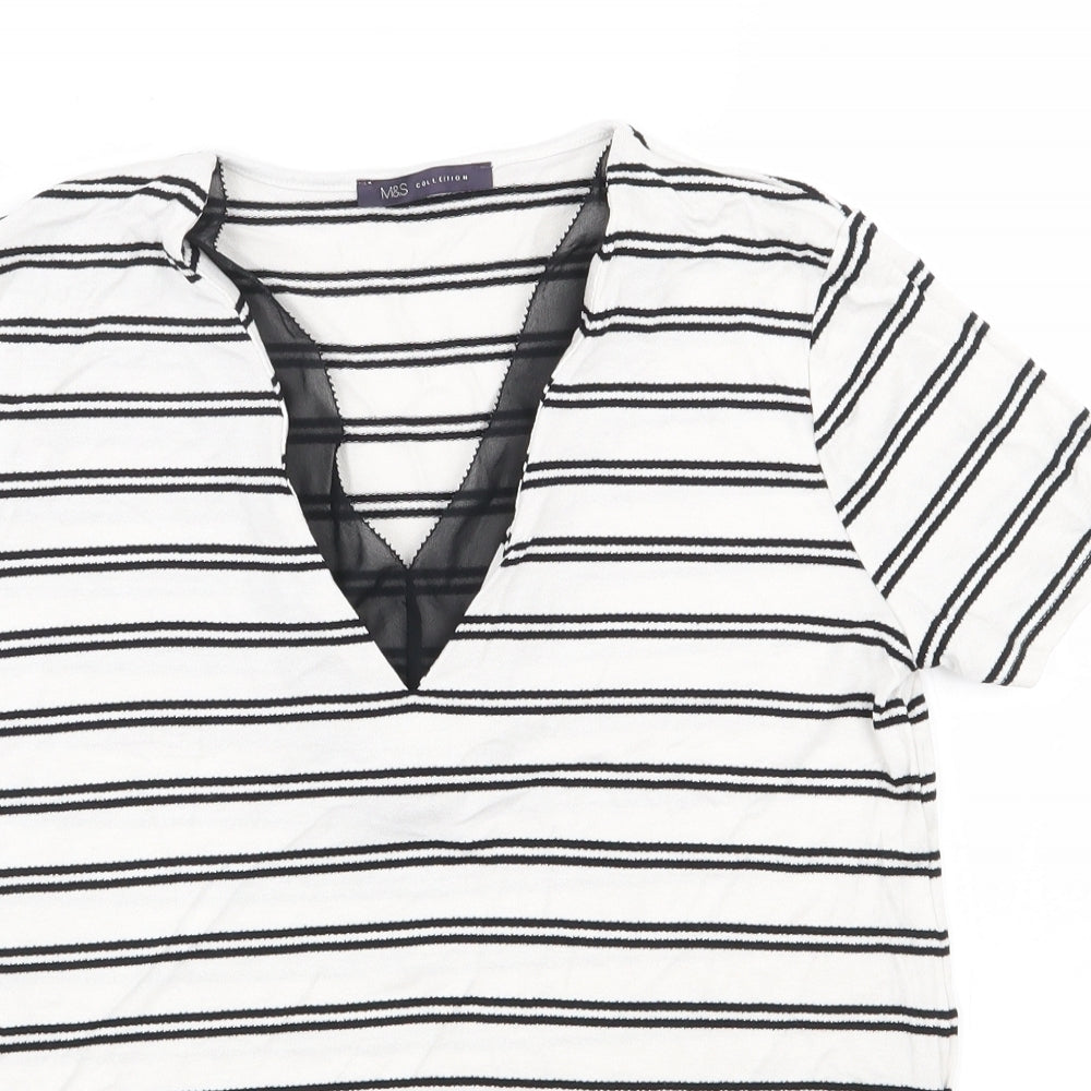 Marks and Spencer Womens White Striped Viscose Jersey T-Shirt Size 6 V-Neck