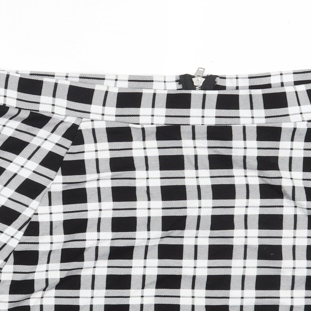 H&M Womens Black Check Viscose A-Line Skirt Size L   Zip