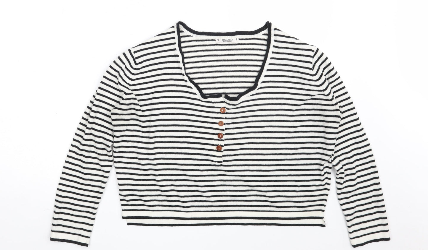 Pull&Bear Womens White Scoop Neck Striped Acrylic Pullover Jumper Size S   - Cropped