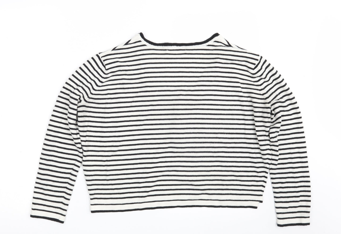 Pull&Bear Womens White Scoop Neck Striped Acrylic Pullover Jumper Size S   - Cropped
