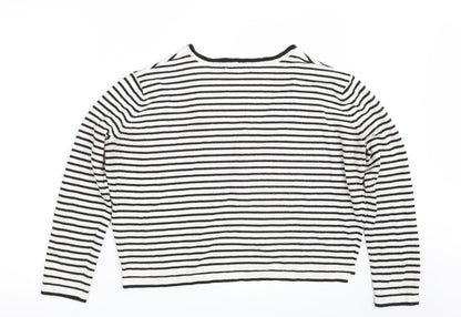 Pull&Bear Womens White Scoop Neck Striped Acrylic Pullover Jumper Size S   - Cropped