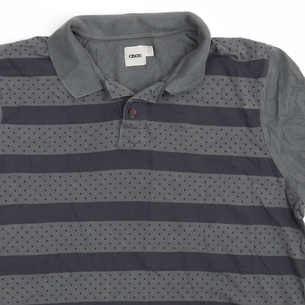 ASOS Mens Grey Striped 100% Cotton  Polo Size L Collared Button