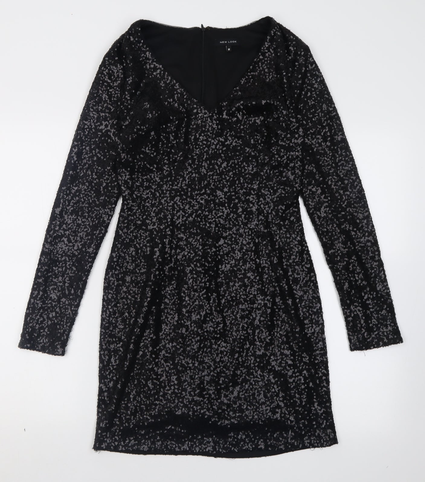 New Look Womens Black  Polyester Bodycon  Size 10  V-Neck Zip