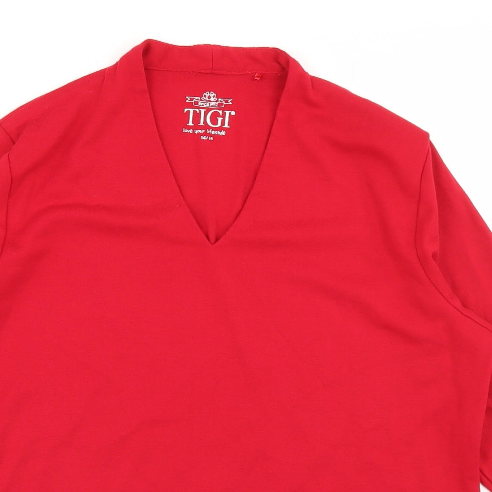 Tigi Womens Red  Polyester Basic T-Shirt Size 14 V-Neck