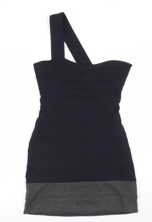 Topshop Womens Blue Colourblock Polyester Bodycon  Size 10  One Shoulder Zip