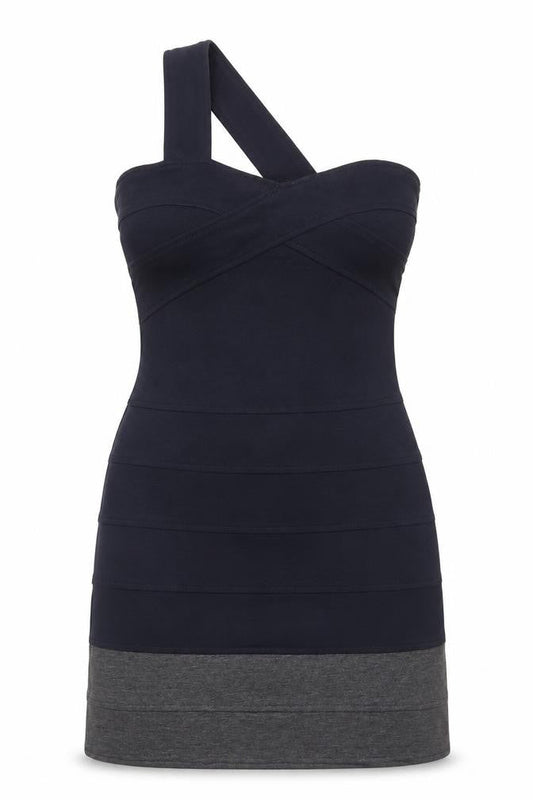 Topshop Womens Blue Colourblock Polyester Bodycon  Size 10  One Shoulder Zip