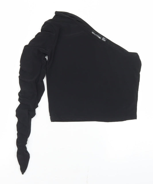 PRETTYLITTLETHING Womens Black  Polyester Cropped T-Shirt Size 10 One Shoulder - Ruched Sleeve