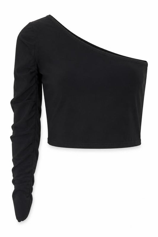 PRETTYLITTLETHING Womens Black  Polyester Cropped T-Shirt Size 10 One Shoulder - Ruched Sleeve