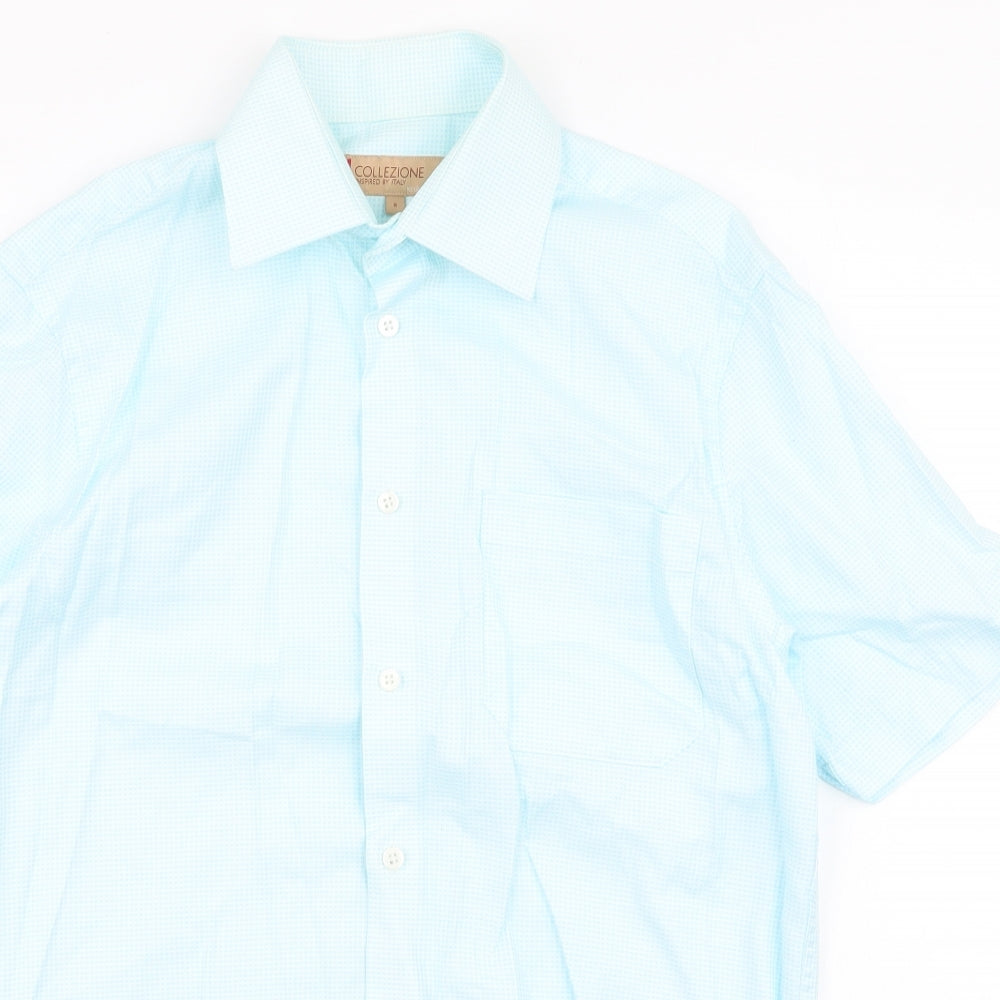 Collezione Mens Blue Plaid Polyester  Button-Up Size S Collared Button