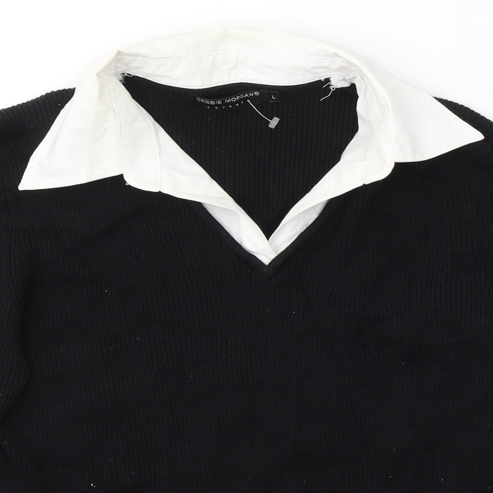 Debbie Morgan Womens Black  Cotton Jersey Blouse Size L V-Neck