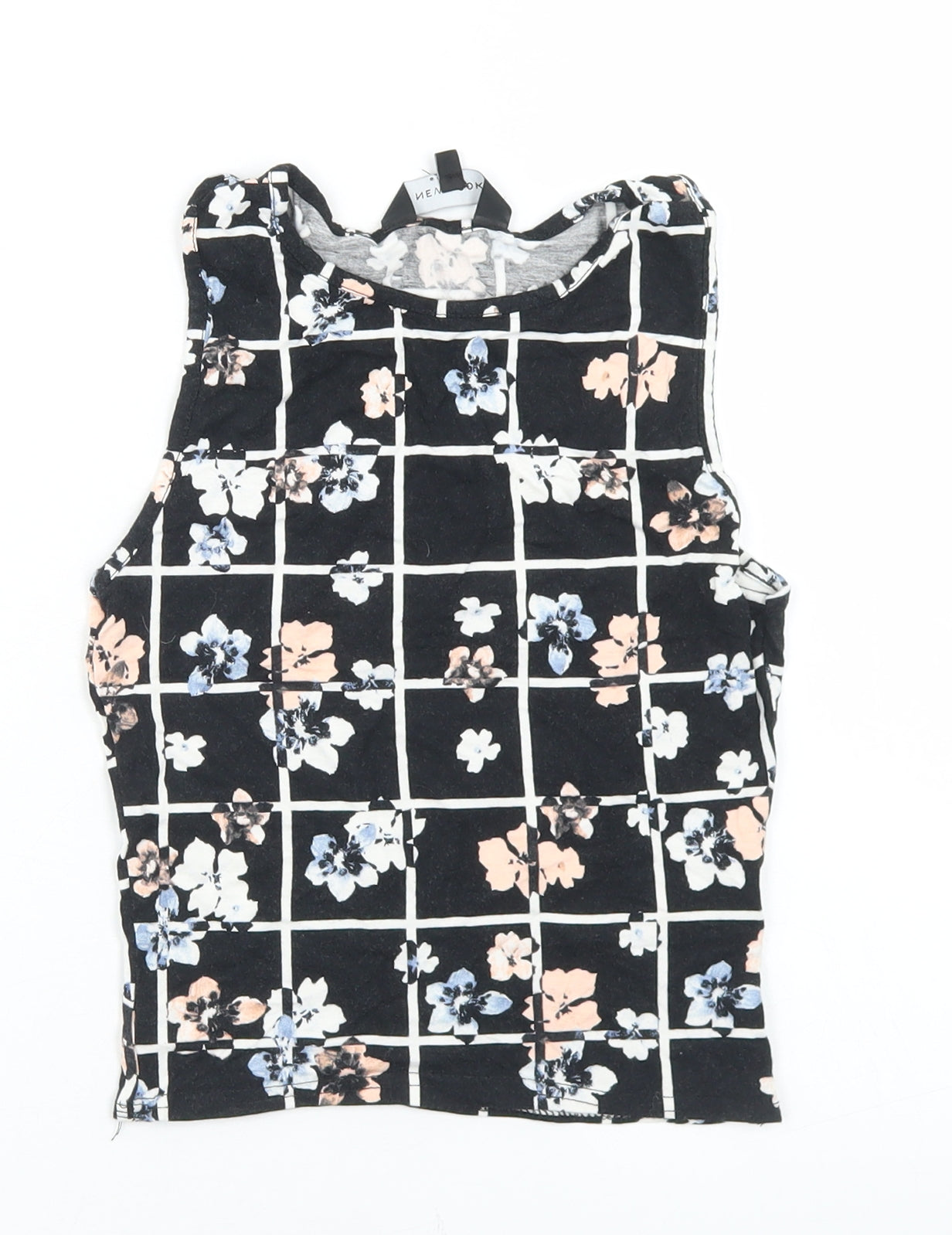 New Look Womens Black Floral Viscose Cropped Tank Size 6 Round Neck