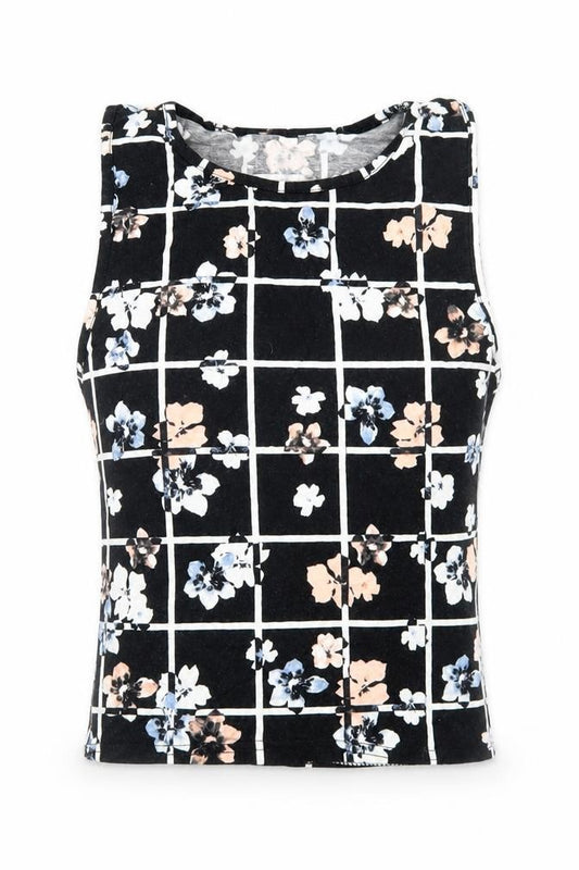 New Look Womens Black Floral Viscose Cropped Tank Size 6 Round Neck