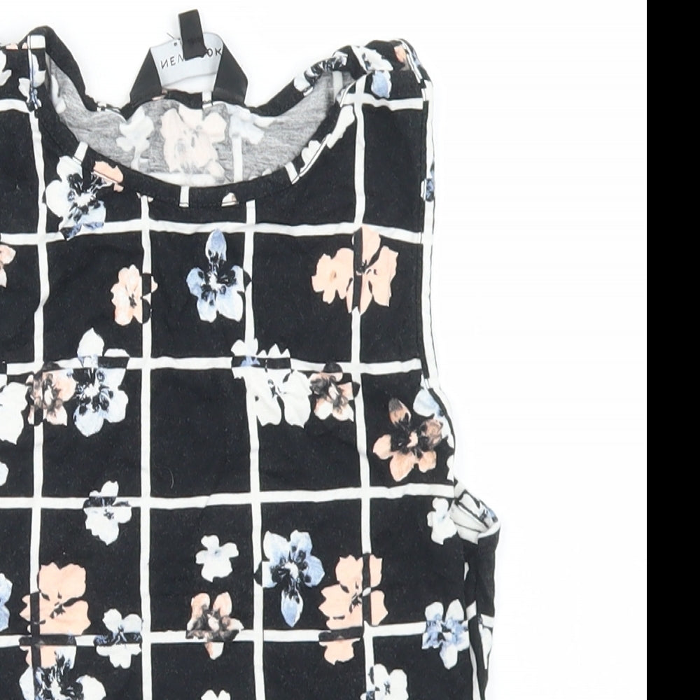 New Look Womens Black Floral Viscose Cropped Tank Size 6 Round Neck