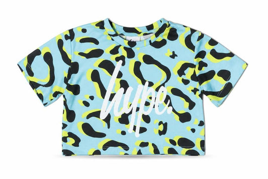 Hype Girls Blue Animal Print Polyester Cropped T-Shirt Size 5-6 Years Crew Neck Pullover