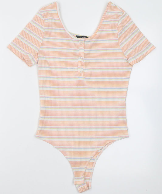 pri mRK Womens Orange Striped Polyester Bodysuit One-Piece Size S  Button