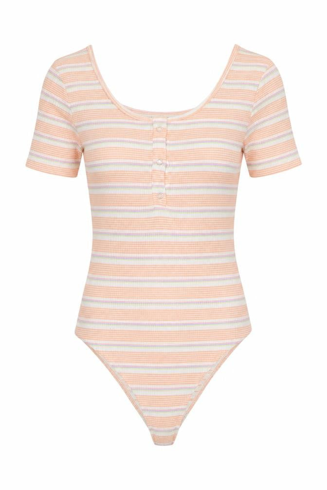 pri mRK Womens Orange Striped Polyester Bodysuit One-Piece Size S  Button