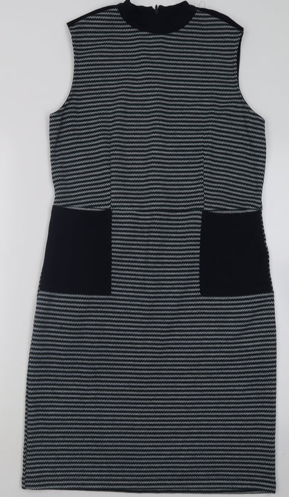 Tu Womens Blue Geometric Polyester A-Line  Size 12  Crew Neck Zip