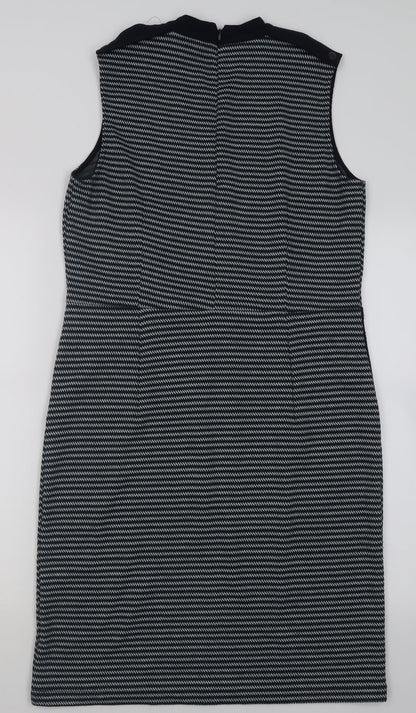 Tu Womens Blue Geometric Polyester A-Line  Size 12  Crew Neck Zip