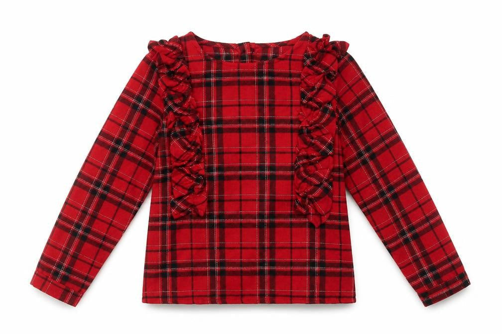 Dunnes Stores Girls Red Plaid Polyester Basic Blouse Size 8 Years Round Neck Button