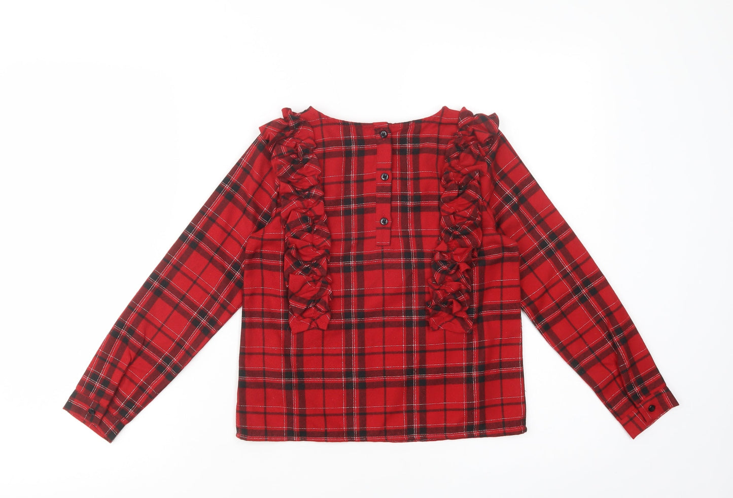 Dunnes Stores Girls Red Plaid Polyester Basic Blouse Size 8 Years Round Neck Button