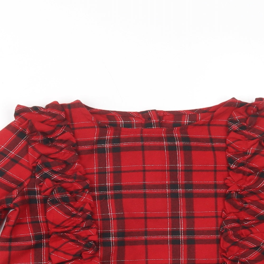 Dunnes Stores Girls Red Plaid Polyester Basic Blouse Size 8 Years Round Neck Button