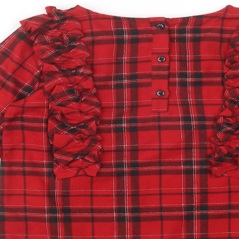 Dunnes Stores Girls Red Plaid Polyester Basic Blouse Size 8 Years Round Neck Button