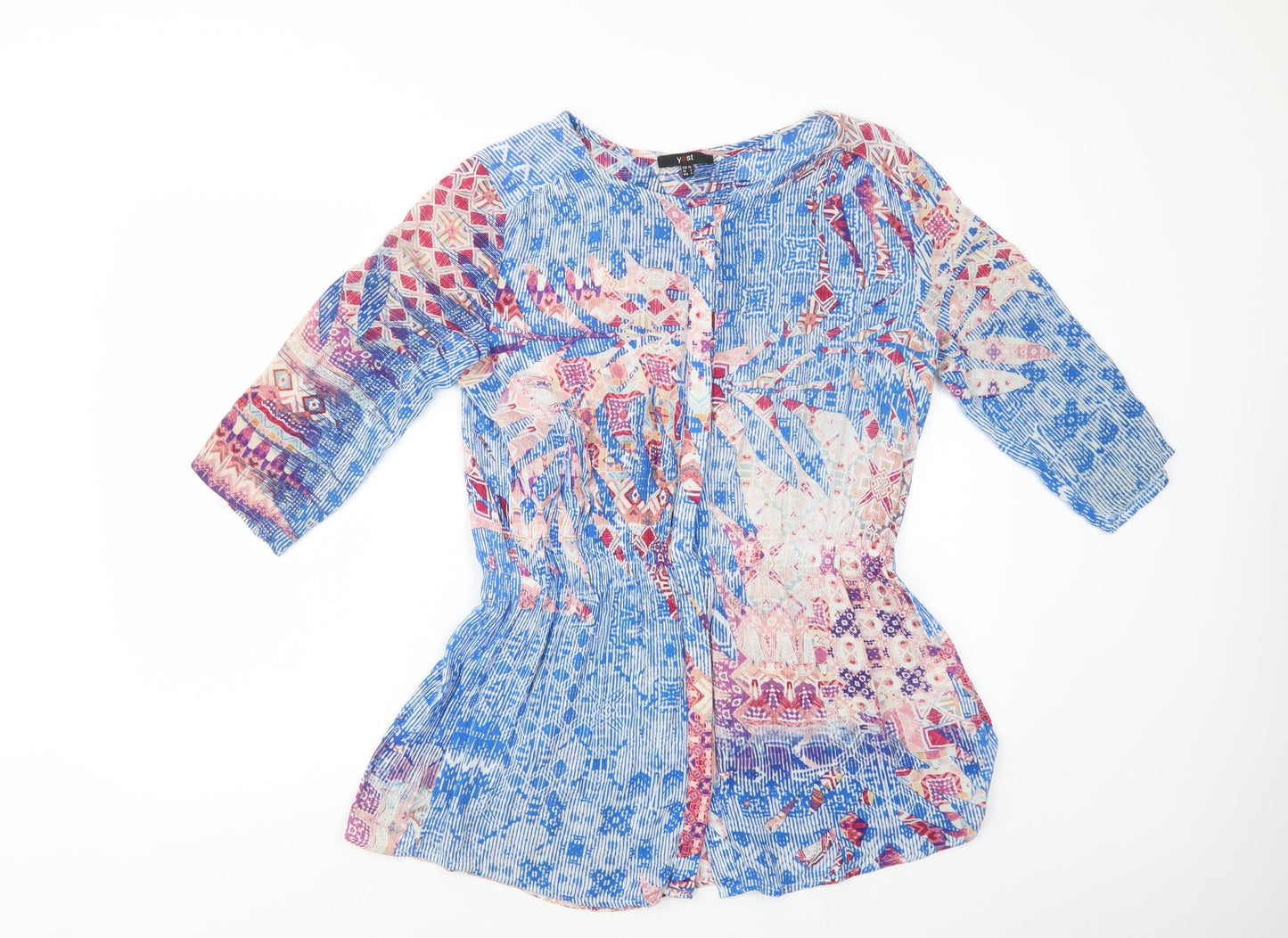 Yest Womens Blue Geometric Viscose Tunic Blouse Size 8 Round Neck