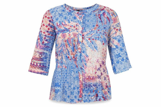 Yest Womens Blue Geometric Viscose Tunic Blouse Size 8 Round Neck