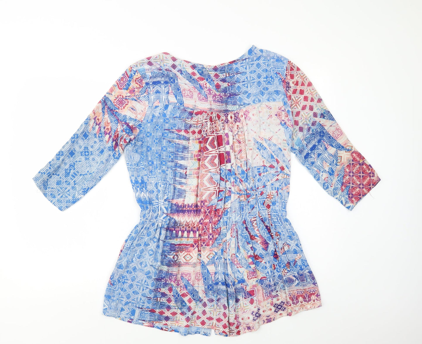 Yest Womens Blue Geometric Viscose Tunic Blouse Size 8 Round Neck