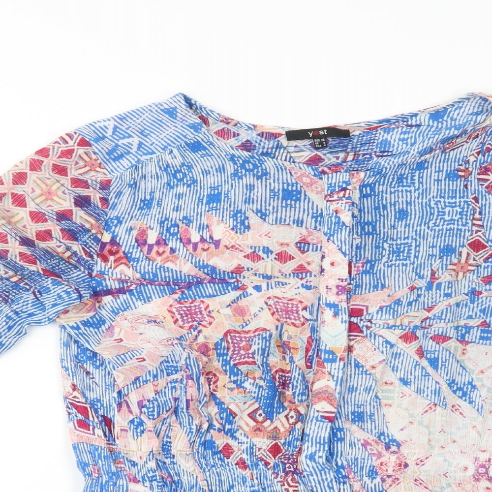 Yest Womens Blue Geometric Viscose Tunic Blouse Size 8 Round Neck