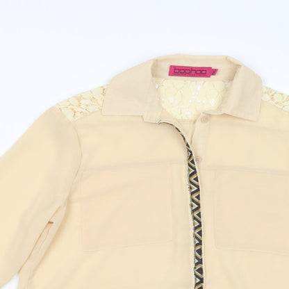 Boohoo Womens Beige  Polyester Basic Button-Up Size 8 Collared - Lace Detail