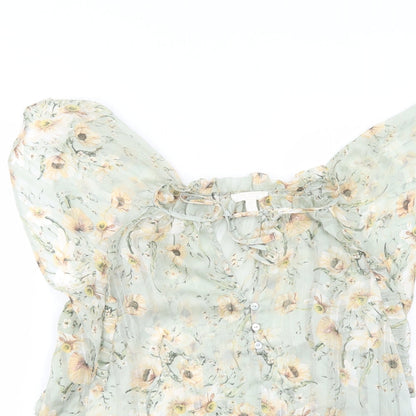 H&M Womens Green Floral Polyester Basic Blouse Size 8 Mock Neck