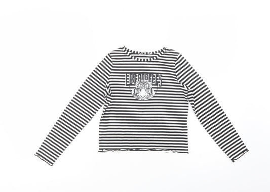 Miss E-vie Girls Black Striped Polyester Basic T-Shirt Size 7-8 Years Crew Neck Pullover - Los Angeles