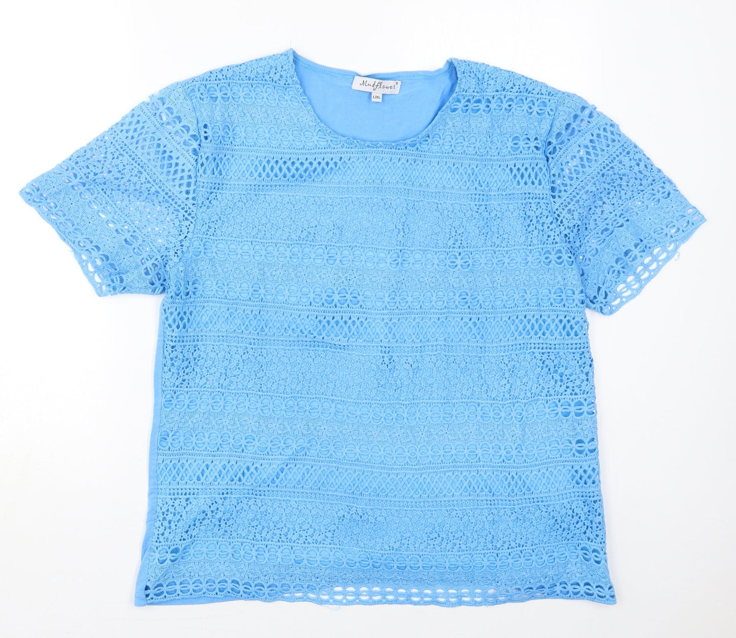 Mudflower Womens Blue  Polyester Basic T-Shirt Size L Round Neck