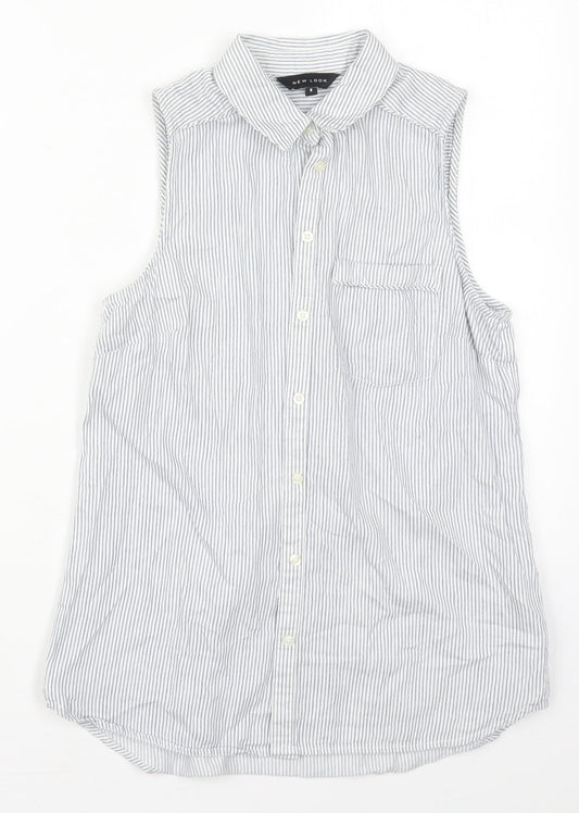 New Look Womens Blue Striped Cotton Basic Button-Up Size 8 Collared