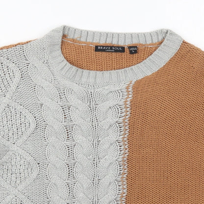 Brave Soul Womens Brown Round Neck  Acrylic Pullover Jumper Size S   - Grey