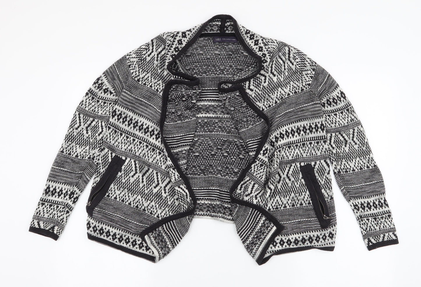 Marks and Spencer Womens Black Collared Geometric Cotton Cardigan Jumper Size 8   - Waterfall