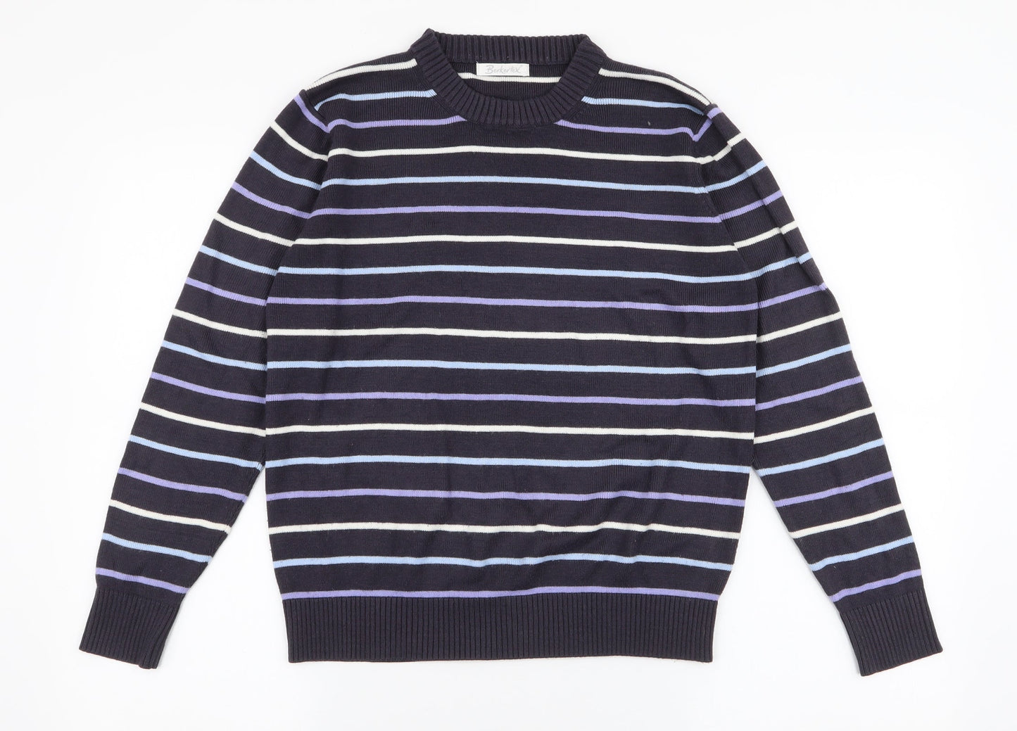 Berkertex Womens Blue Round Neck Striped Acrylic Pullover Jumper Size 10